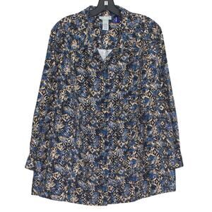 Catherines Plus Size 2XWP Navy Blue Button Up Top Cottagecore Artsy Workwear